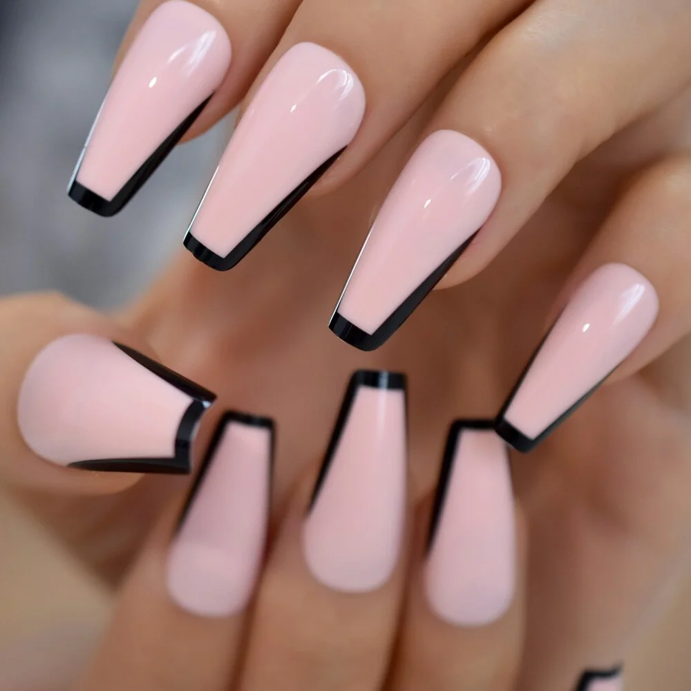 Applyw Trapezoid French Nail Nude Pink Color False Nails Black Top Long Tapered Coffin Nail Art Tips Thick Reusable with Adhesive Tabs