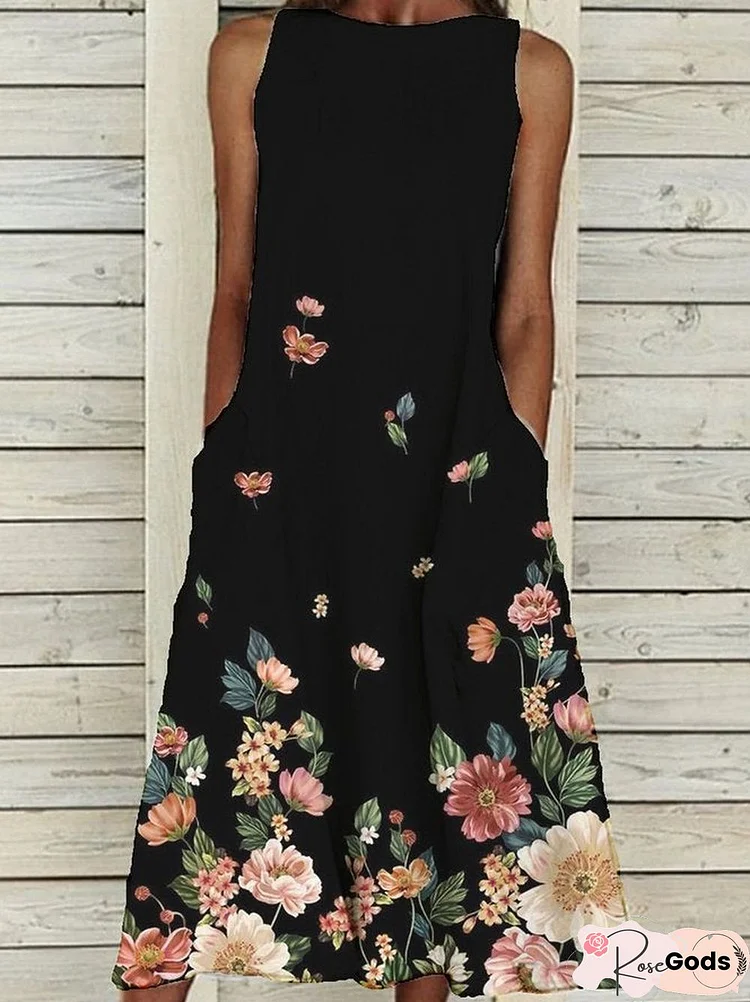 Pockets Sleeveless Casual Floral Dresses Black Dresses