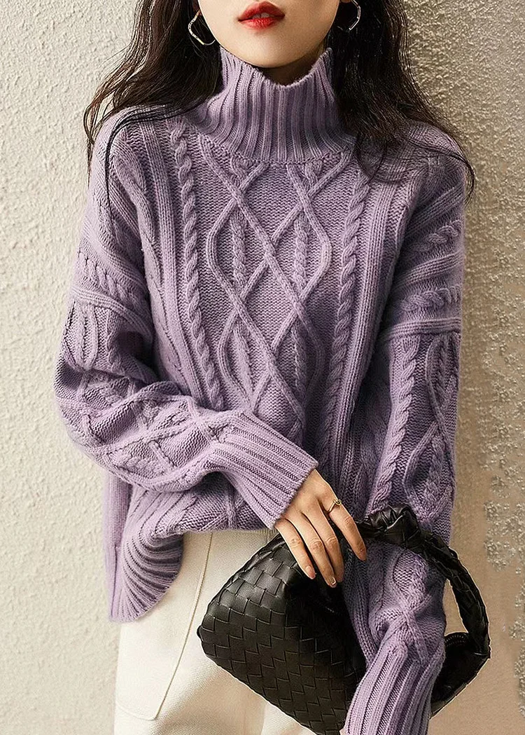 French Purple Hign Neck Patchwork Woolen Cable Knit Sweaters Winter