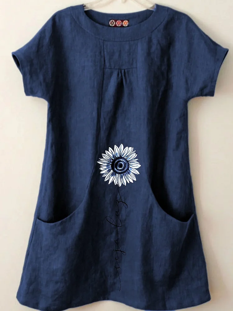 Short-sleeved pocket floral-print cotton-blend tops and tops