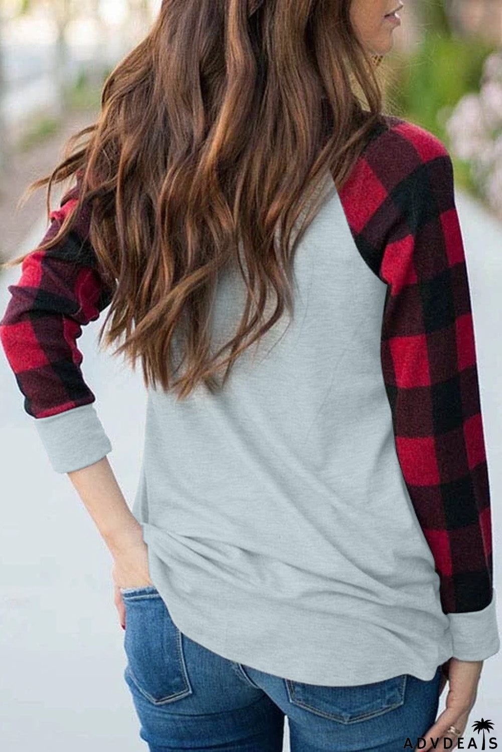 Christmas Pattern Plaid Splice Long Sleeve Top