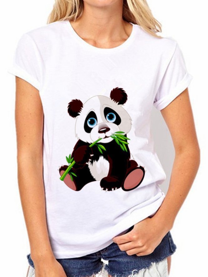 Panda Print White Crew Neck Animal Casual Shirts & Tops Zaesvini