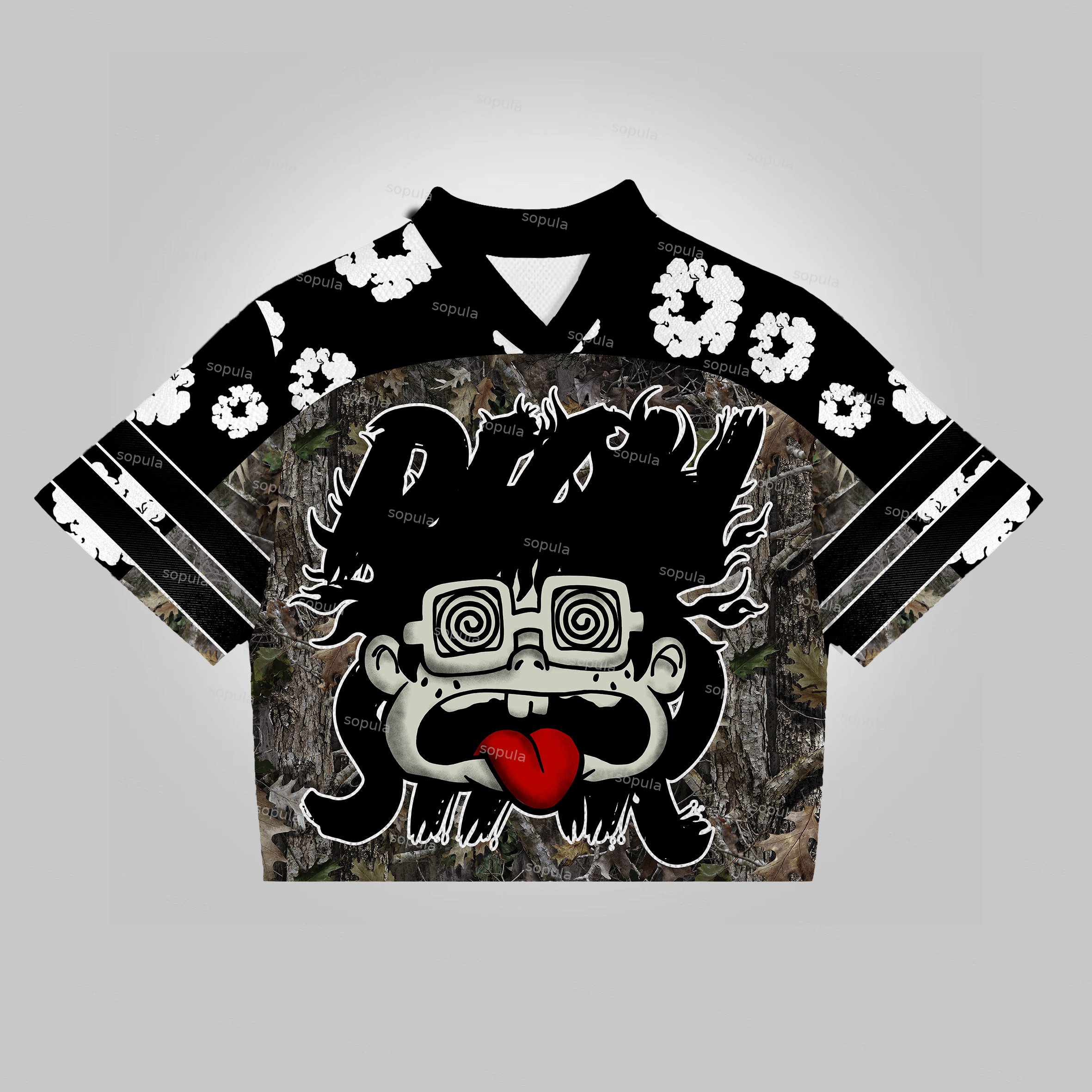 Vintage Big Face With Rich Star Camo Jungle wreath graphics Blokecore Blokette Jersey V-neck T-shirt - Sopula｜Premium Graphic Tees & Graphic Clothing