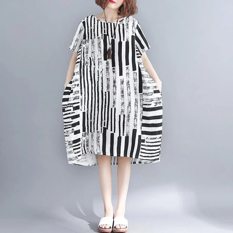 2019 black cotton blended shift dress plus size clothing casual dress Elegant short sleeve Geometric O neck asymmetric knee dresses