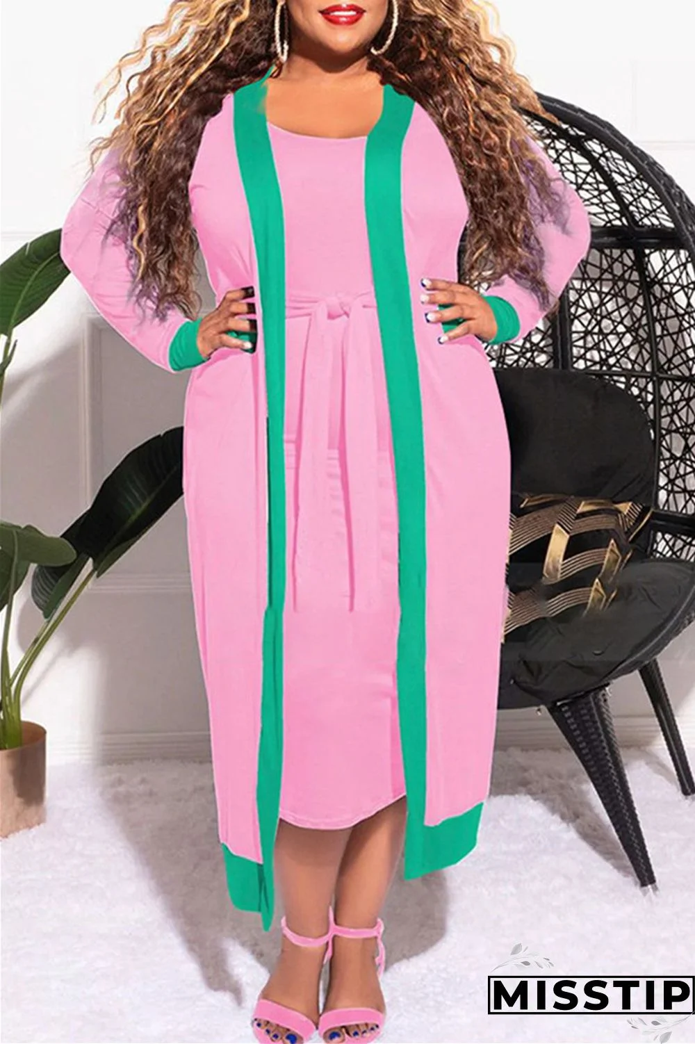 Blue Fashion Casual Solid Patchwork O Neck Plus Size Two Pieces