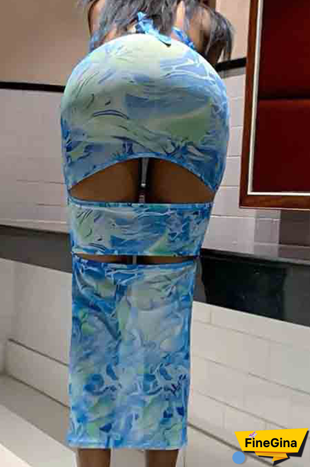 Sky Blue Sexy Print Hollowed Out Halter Pencil Skirt Dresses