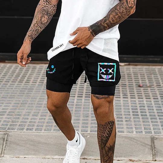 Men's Smiley Print Casual Sports Double Shorts