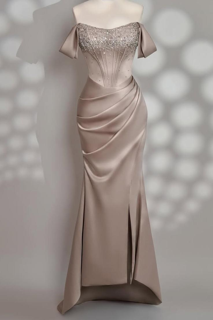 Oknass Off the Shoulder Sleeveless Long Mermaid Prom Dress With Beading