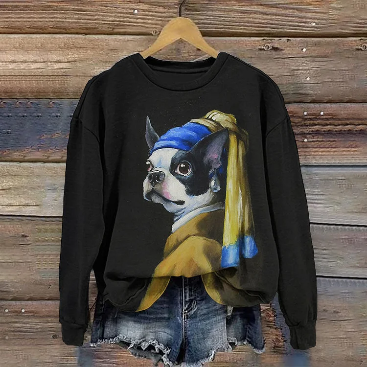 Funny Dog With A Pearl Earring Print Crew Neck Comfy Sweatshirt socialshop