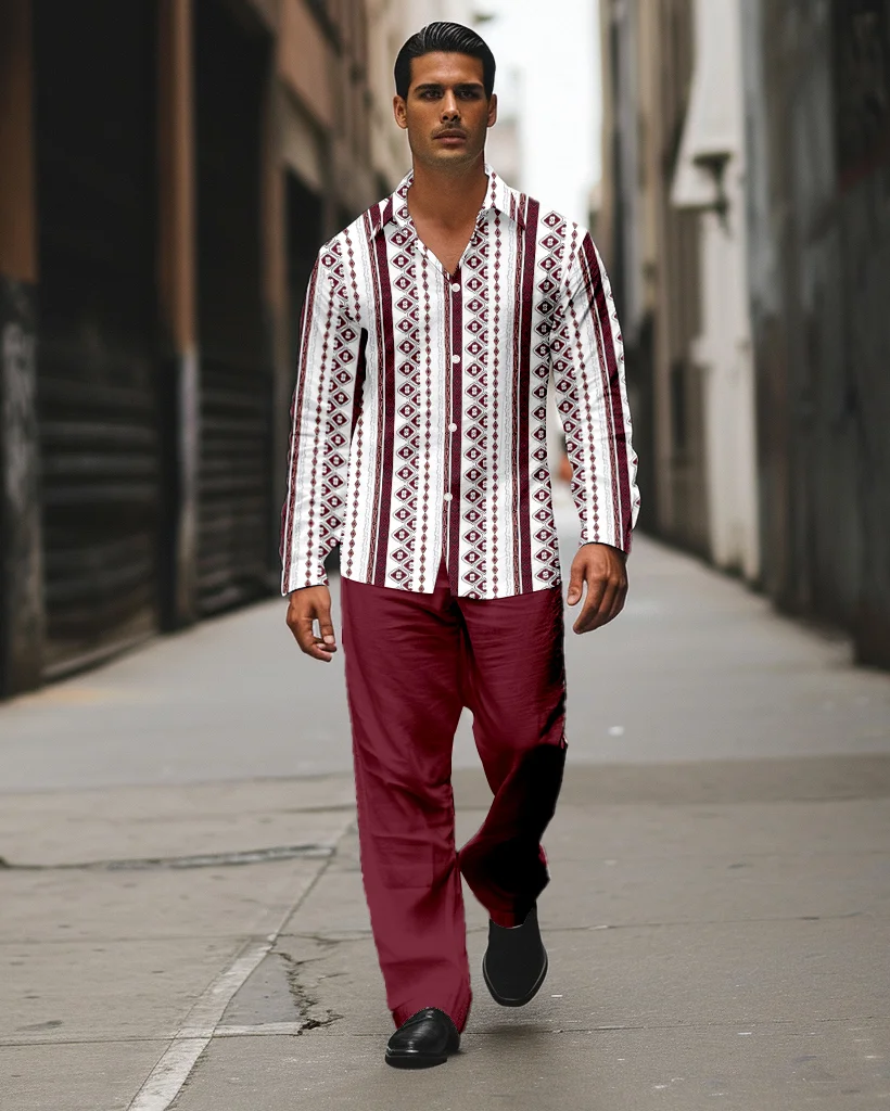 Men's Color Block Printed Long Sleeve Shirt Walking Suit 589