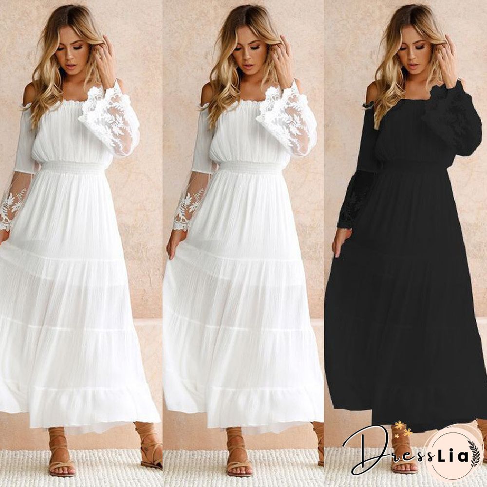 Women's Dress with Straight Neck Lace Stitching Dress White Dresses