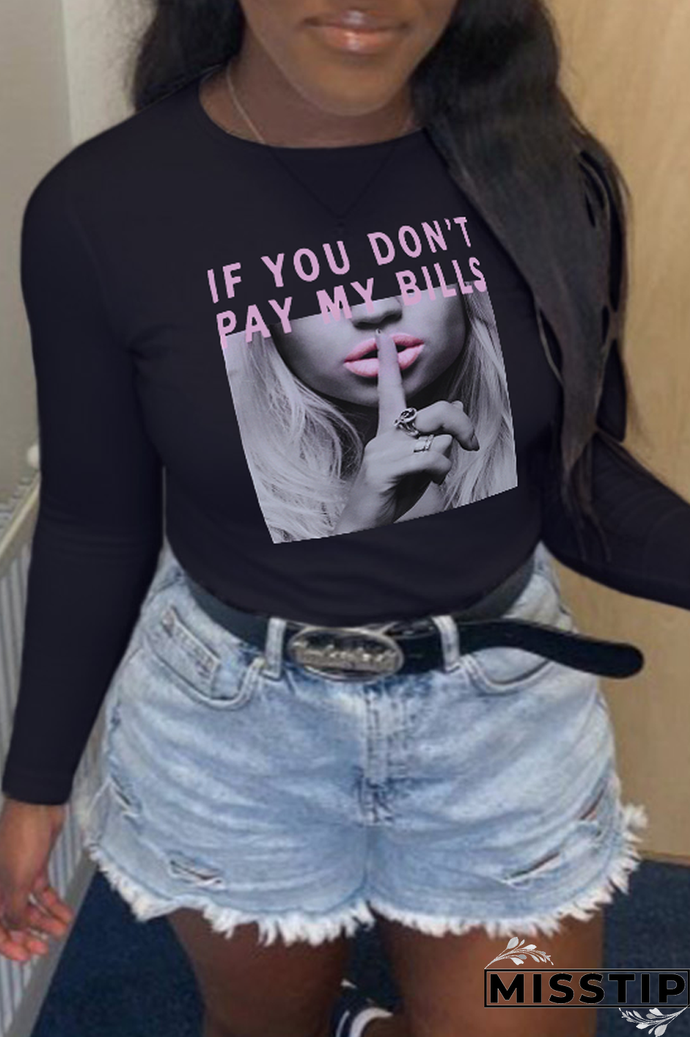 Black Street Vintage Print Patchwork Letter O Neck Tops