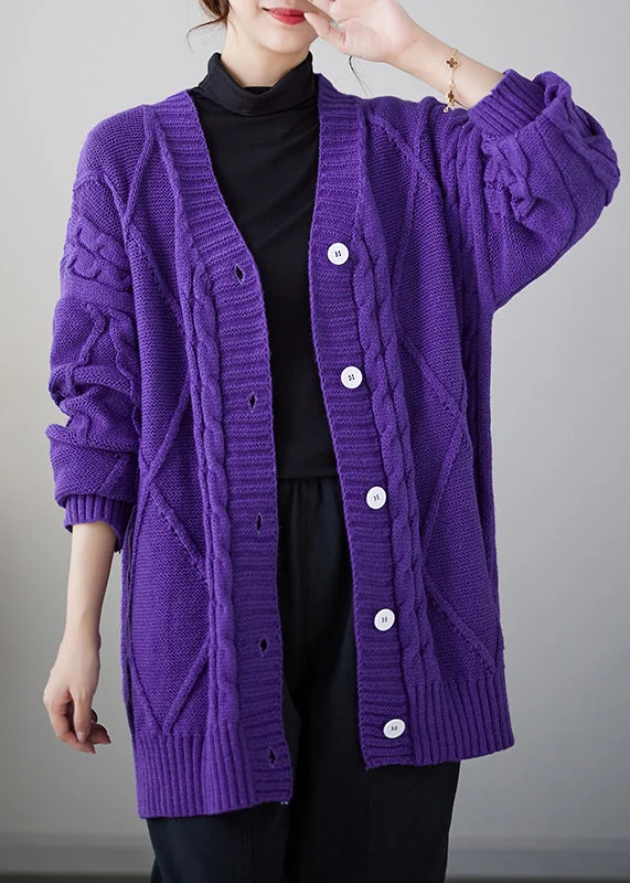 Cozy Purple V Neck Button Thick Knit Cardigan Fall