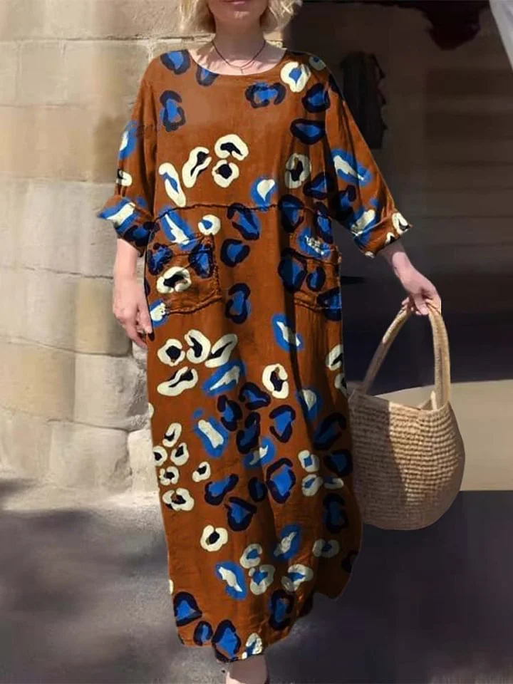 Women's Round Neck Printed Pocket Cotton Dress
