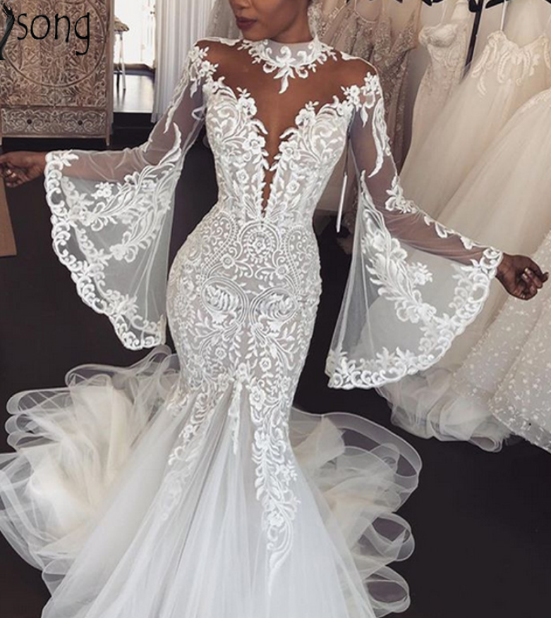 Mermaid Wedding Dress Long Sleeve High Neck Illusion Bridal Wedding Gowns Elegant African Bride Dress 