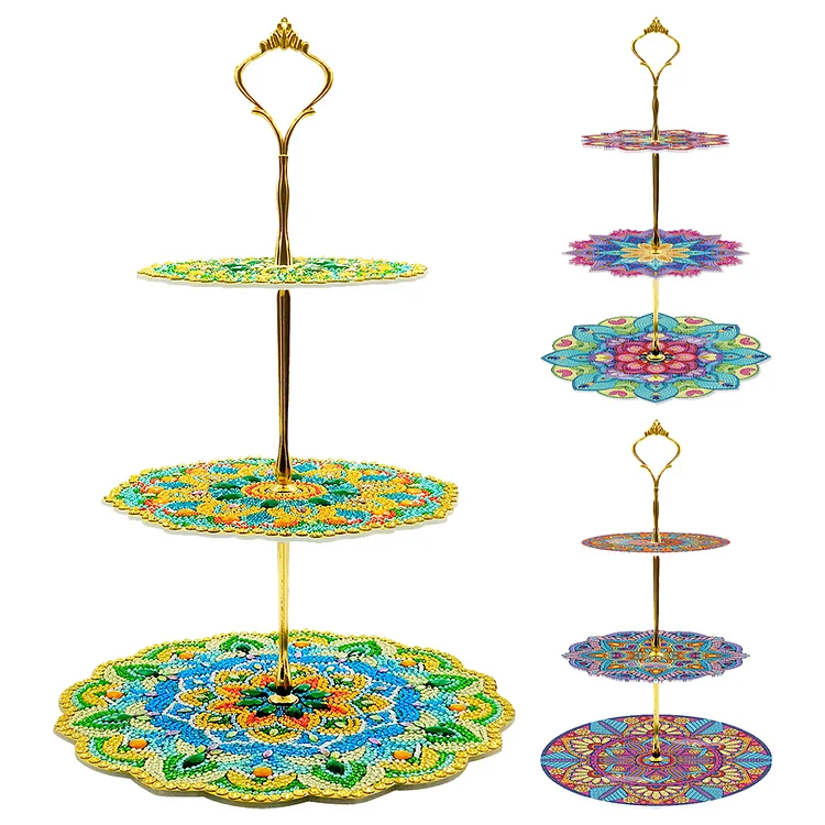 3-Tiered Mandala Diamond Painting Tray Stand Round Serving Tray for Coffee Table
