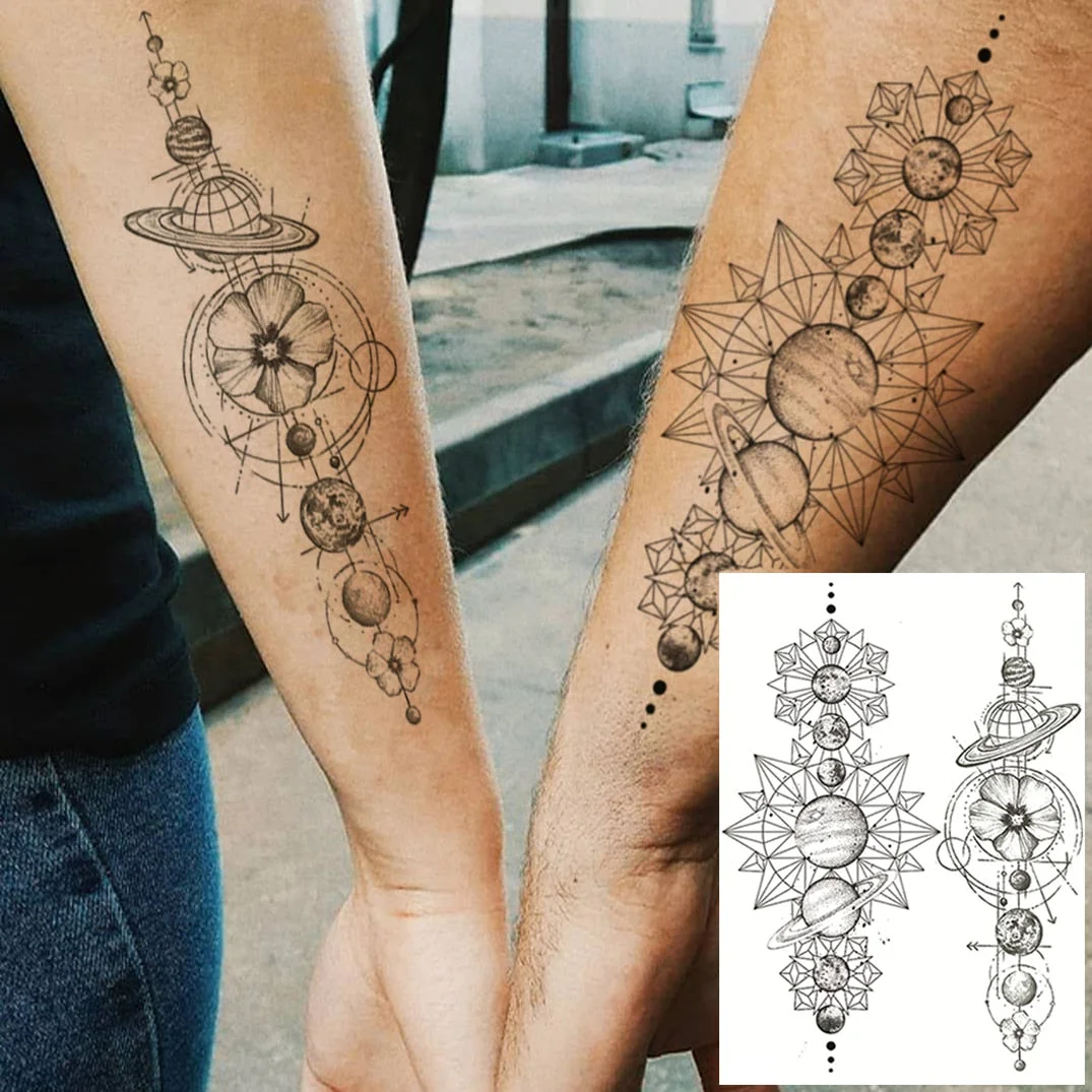 Creative Space Temporary Tattoos For Men Women Astronaut Planets Fake Chains Tatoos Temporary Black Mountain DIY Tatoo Geometric
