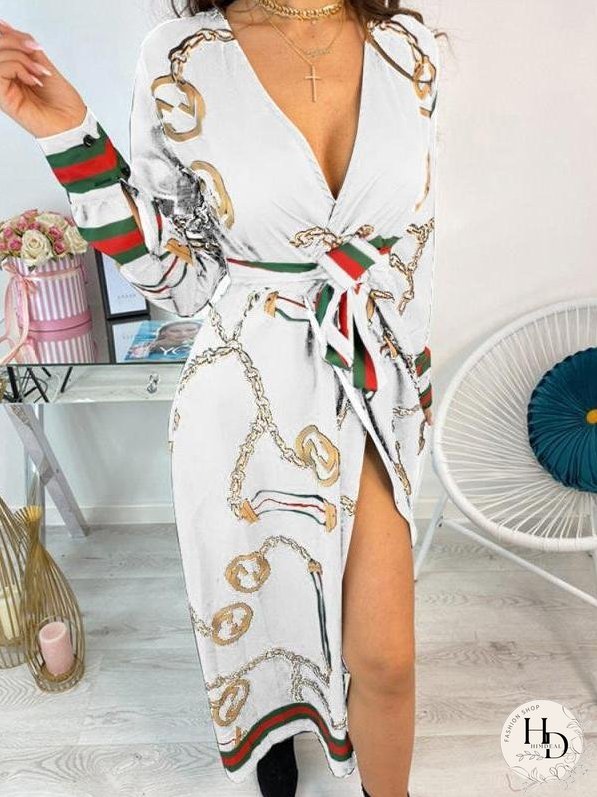 Deep V Slit Maxi Dress With Printed Belt for Women