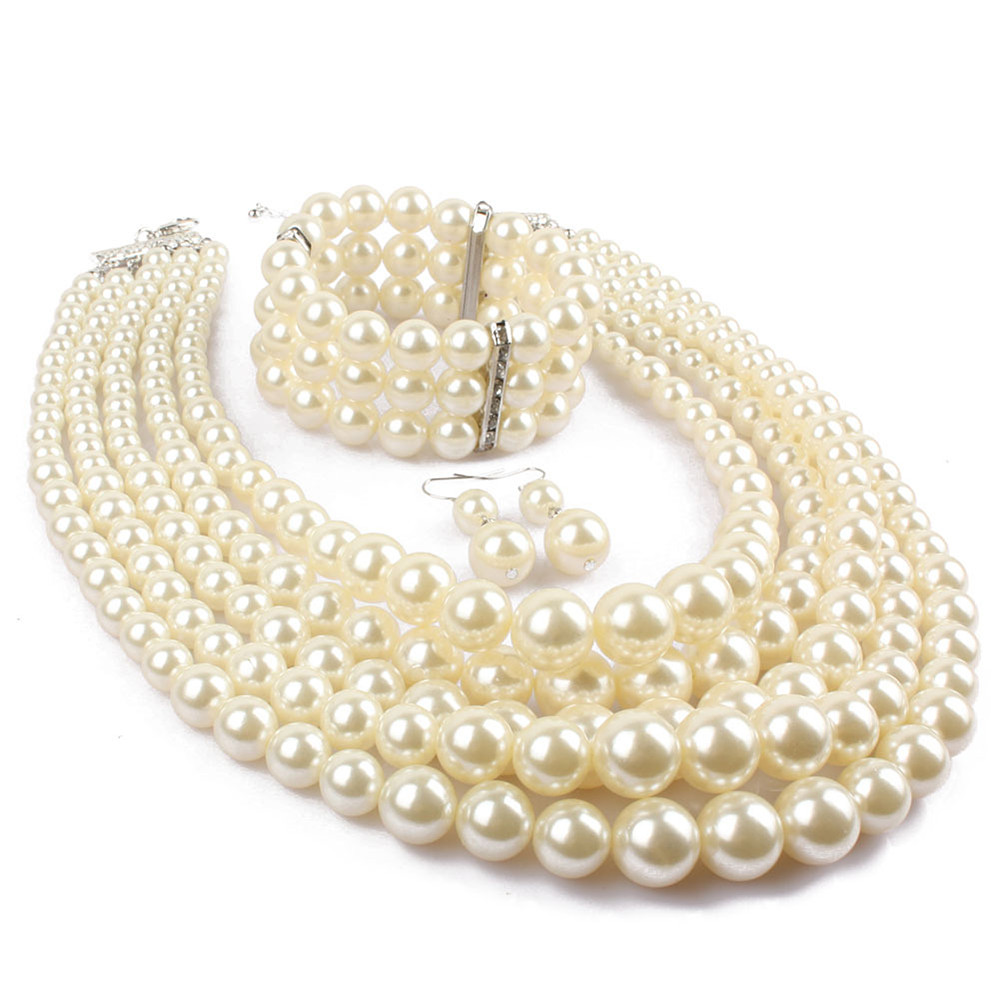 Boho Statement Handmade Mix Five Layers Cream Imitation Pearl Bracelet Necklace Earrings Set Of Jewelry For Wedding Decorations