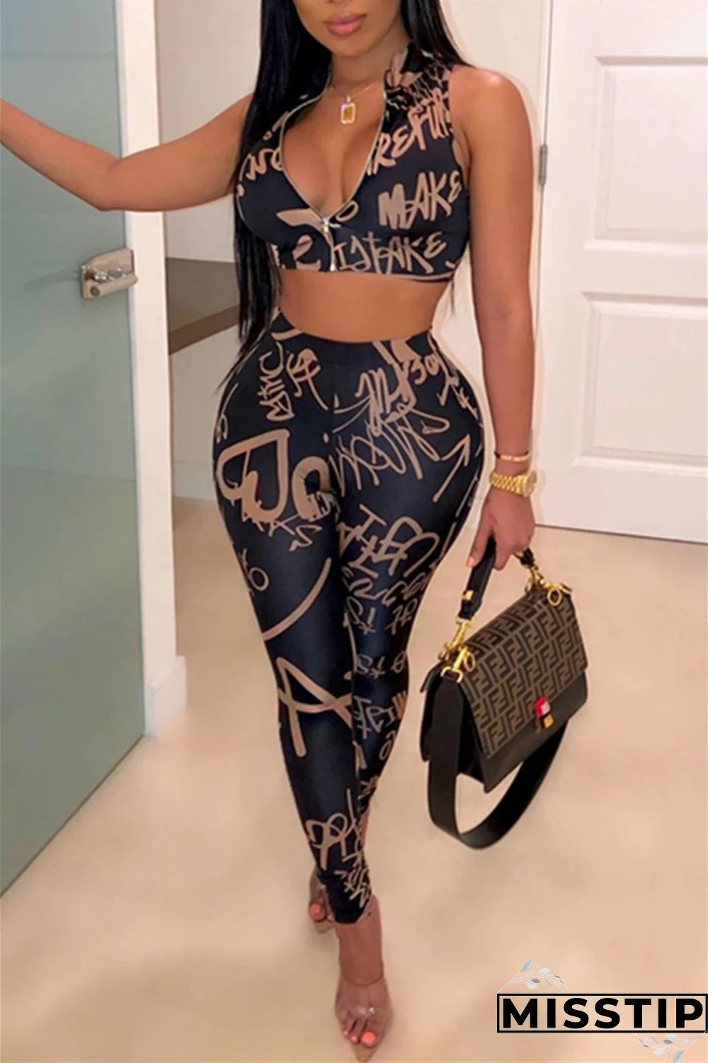 Dark Blue Fashion Sexy Letter Print Sleeveless Suit