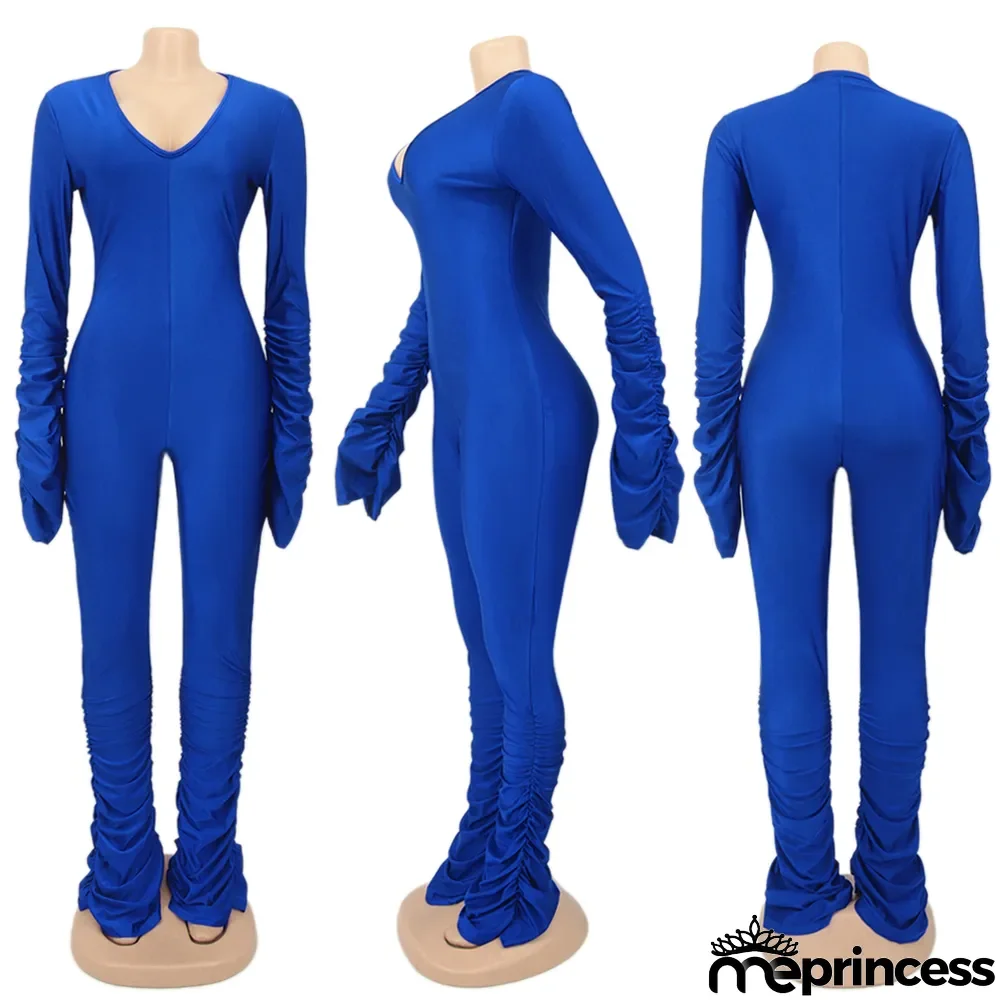 Solid Sexy Long Sleeve Ruched Jumpsuits