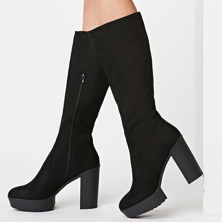 GOOSHOE Black Almond Toe Chunky Heel Mid-Calf Platform Boots