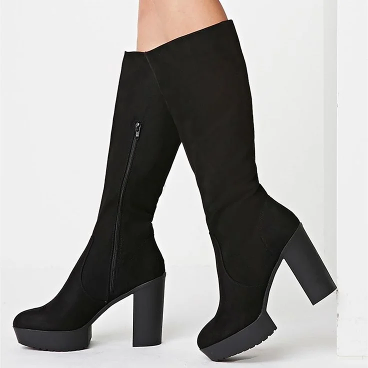 Black Almond Toe Chunky Heel Mid-Calf Platform Boots Vdcoo