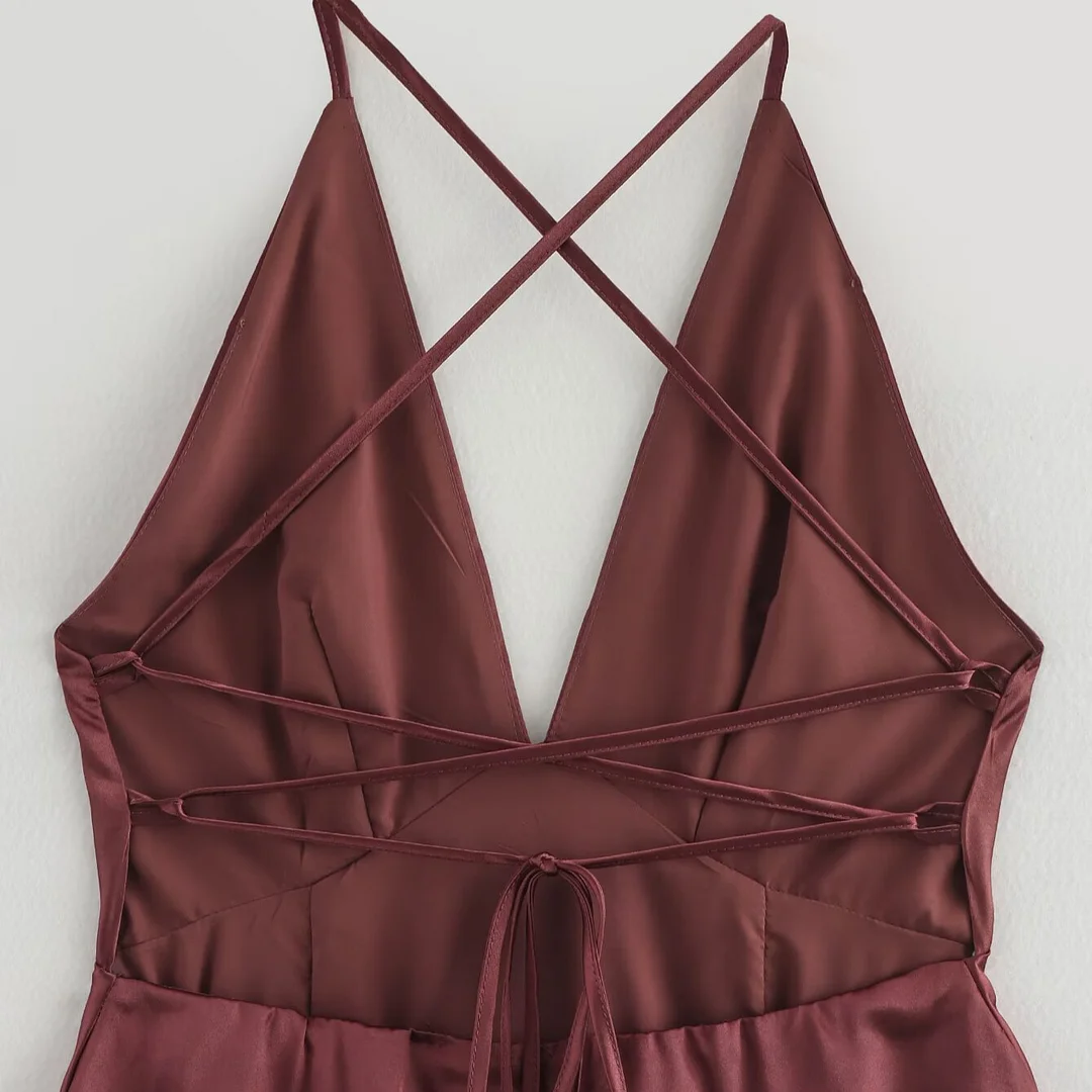 Nigikala Nigikala Women's Summer Romantic French Elegant Dinner Light Dress Suspension Deep V Brass