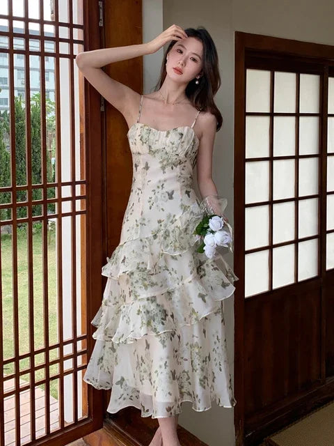New Summer Print Midi Dress for Women Sleeveless Spaghetti Strap Chiffon Ruffle Floral Casual Slim Party Dresses Korean Aiertu
