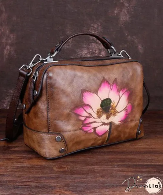 Handmade Coffee Floral Paitings Calf Leather Satchel Handbag