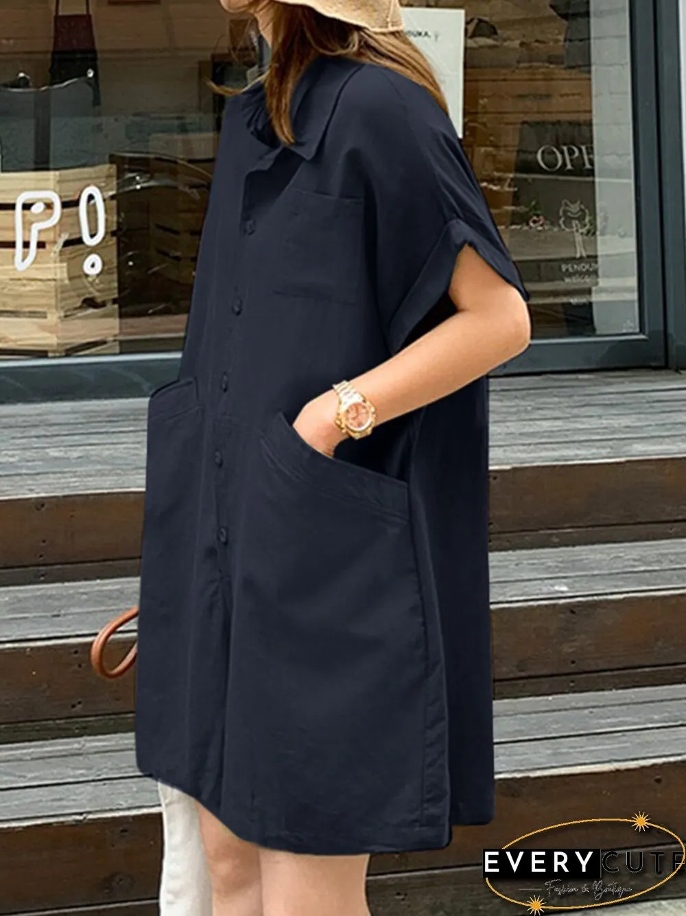 Solid Loose Pocket Button Lapel Short Sleeve Romper