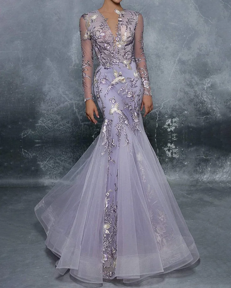 Mesh and sequin embroidered fishtail gown
