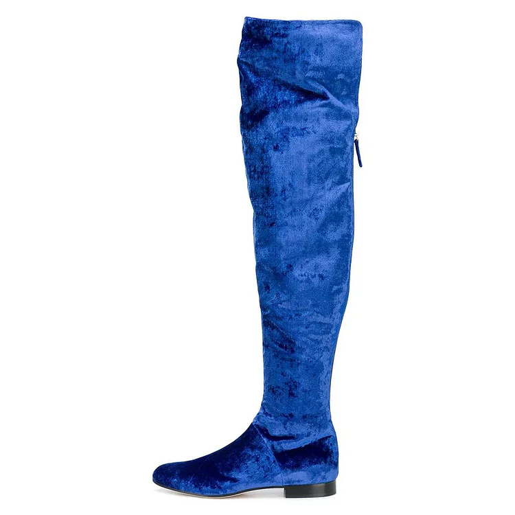 Blue Long Boots Round Toe Flat Over-the-Knee Boots |FSJ Shoes