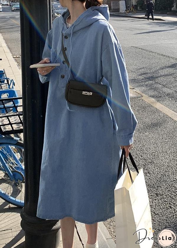 French Navy Hooded Button Patchwork Denim Dress Spring