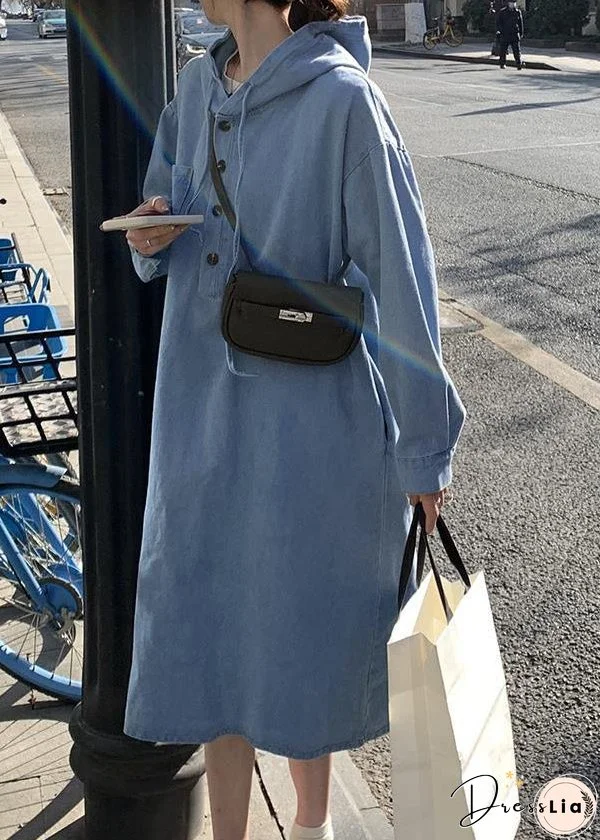 French Navy Hooded Button Patchwork Denim Dress Spring