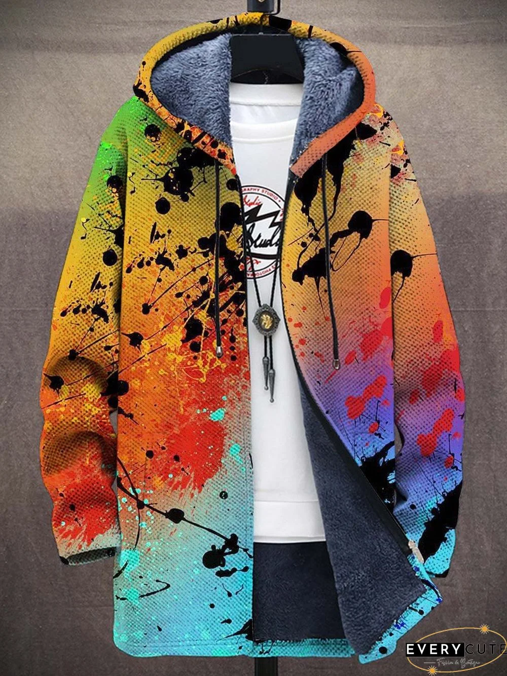 Men's Art Watercolor Gradient Plush Thick Long-Sleeved Sweater Coat Cardigan