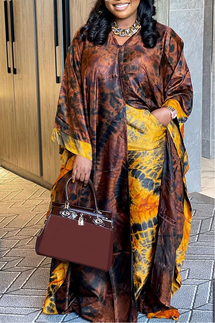 Xpluswear Plus Size Brown Semi Formal All Over Print Kimono Two Pieces Pants Set [Pre-Order]