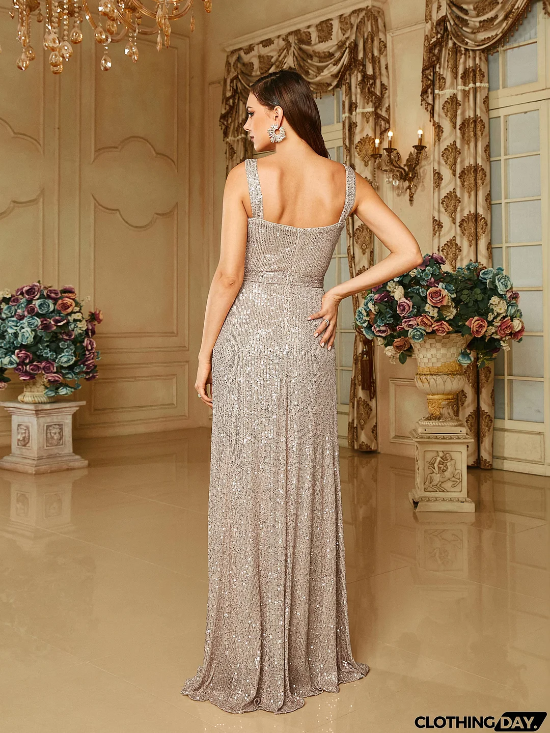Cold Shoulder Belt A-line Sequin Apricot Prom Dress RM20669