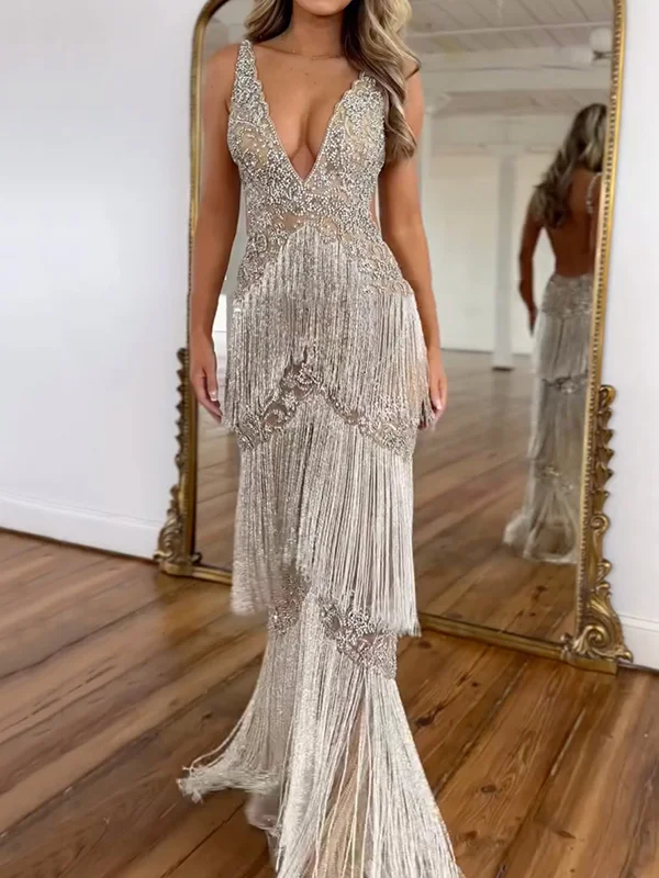 Sequinned Beaded tassled Sleeveless Spaghetti-Neck Evening mermaid Maxi Dresses