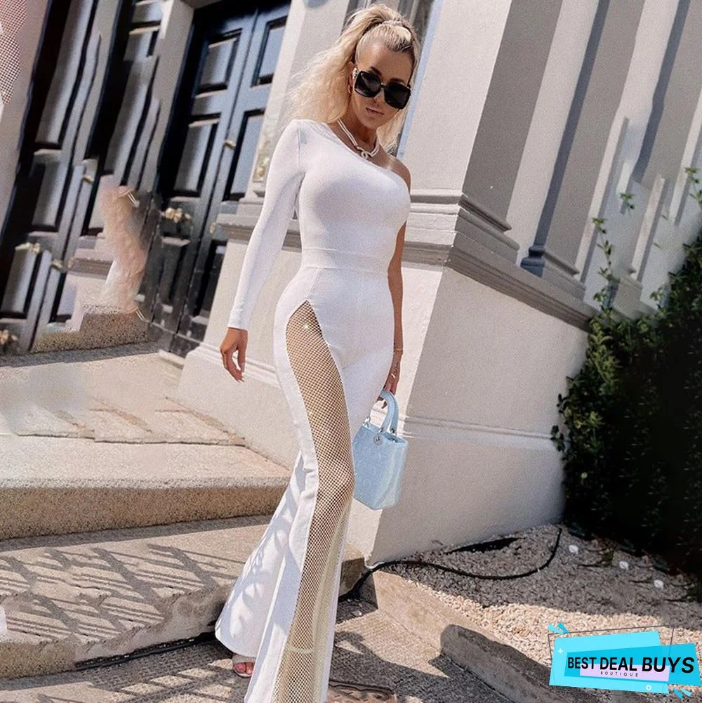 Fashion Solid Color One-Shoulder Mesh Stitching Jumpsuit