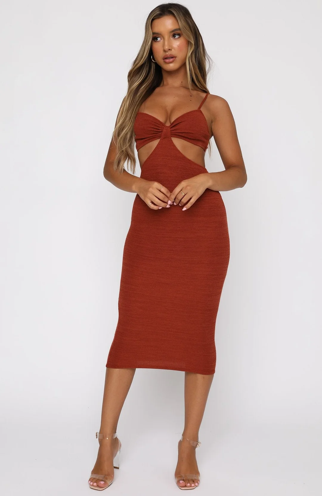 wsevypo Elegant Spaghetti Straps Knitted Midi Dress Party Chic Solid Color Women's Sleeveless V-Neck Cutout Bodycon Sundress
