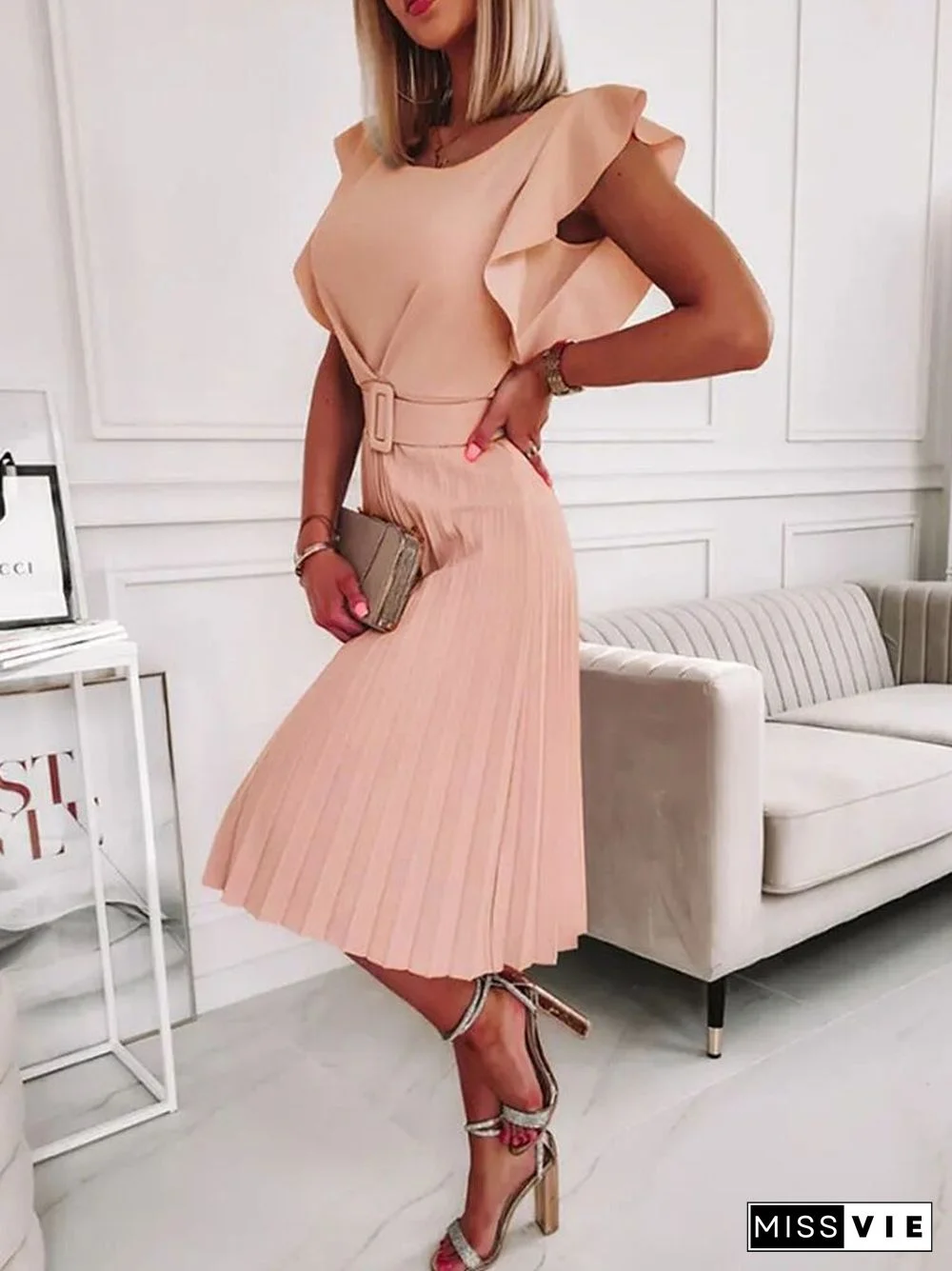 Elegant Round Neck Flying Sleeve Midi Dress Women Summer Fashion Pleated Solid Color Dress Office Ladies Casual Belt Dress