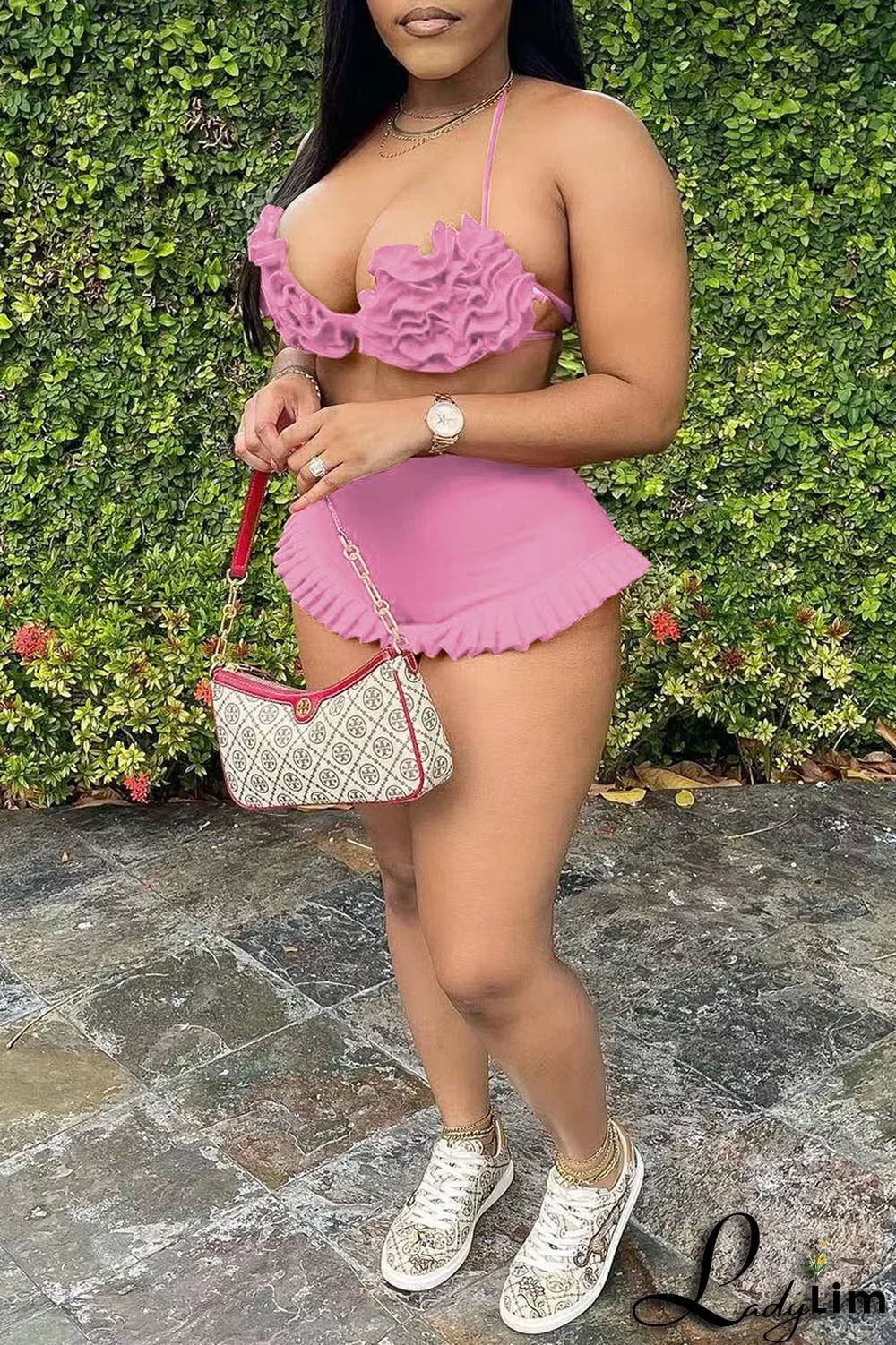 Pink Sexy Solid Split Joint Halter Sleeveless Two Pieces