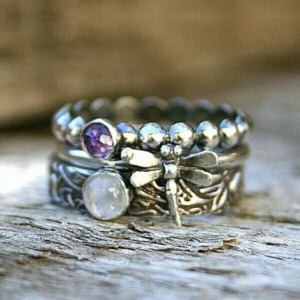 🔥 Last Day Promotion 70% OFF🔥Dragonfly Inlaid Gemstone Three-piece Stacking Ring💖