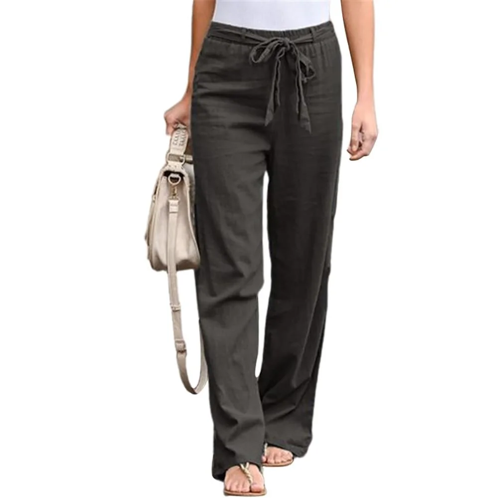 Comfort Women Pants 2020 Women Casual Solid Color High Waist Belt Wide Leg Long Straight Pants Trousers Streetwear