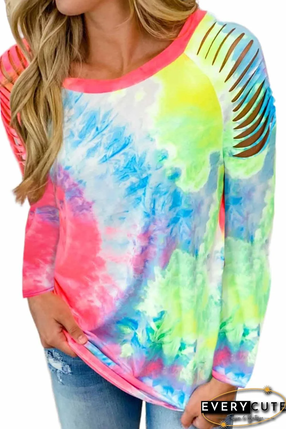 Red Round Neck Tie-dye Hollow Out Long Sleeve Top