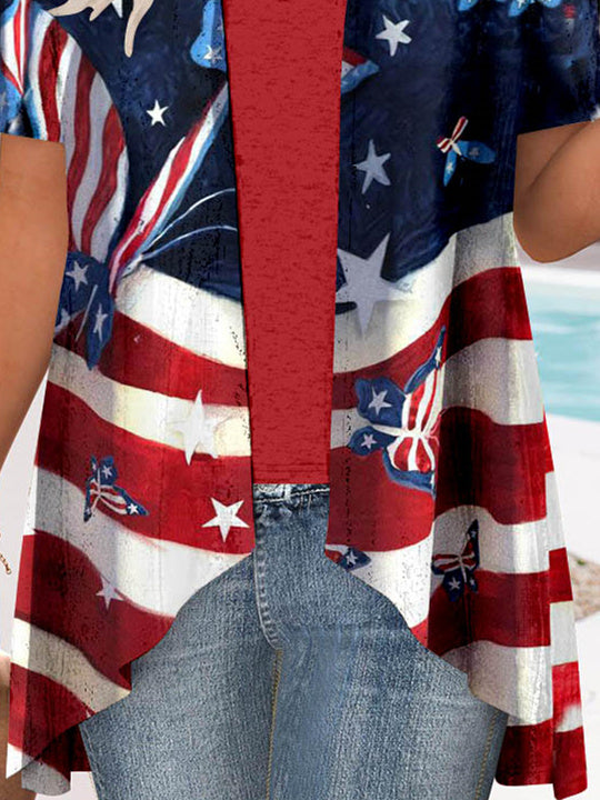 Women Short Sleeve V-neck National Flag Printed Graphic Two-Pieced Cardigan Tops