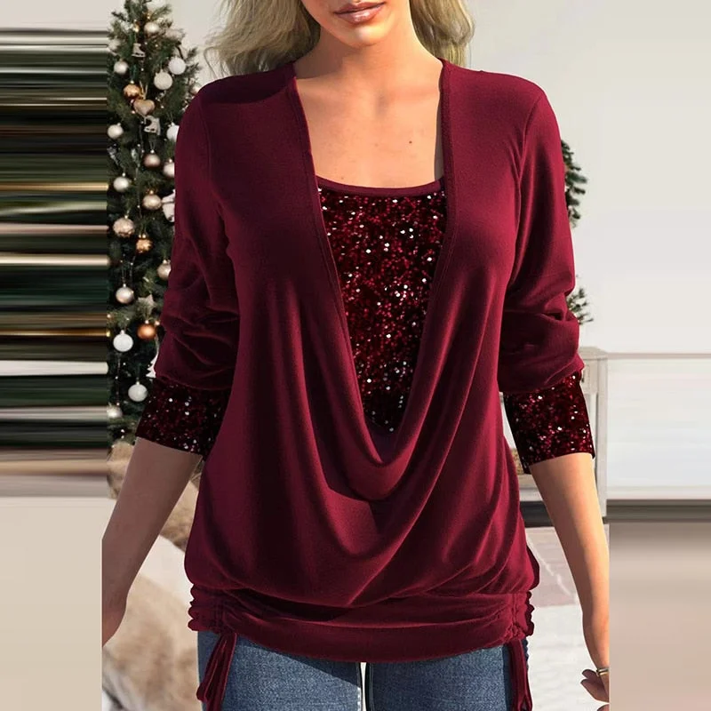 Uforever21 Autumn Winter New Elegant Sequins Patchwork Blouses Women Casual Solid Color Square Collar Slim Bandage Pullovers Femme Clothes