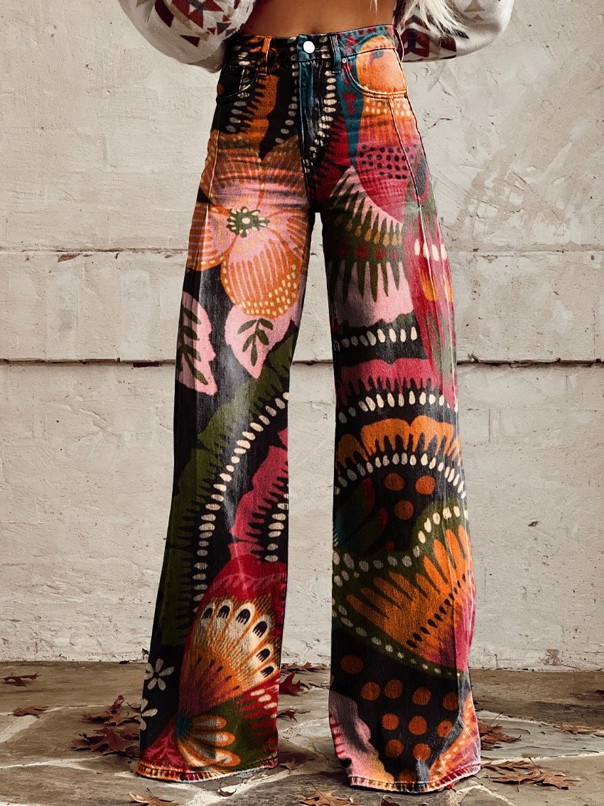 Women's Vintage Print Casual Wide Leg Pants