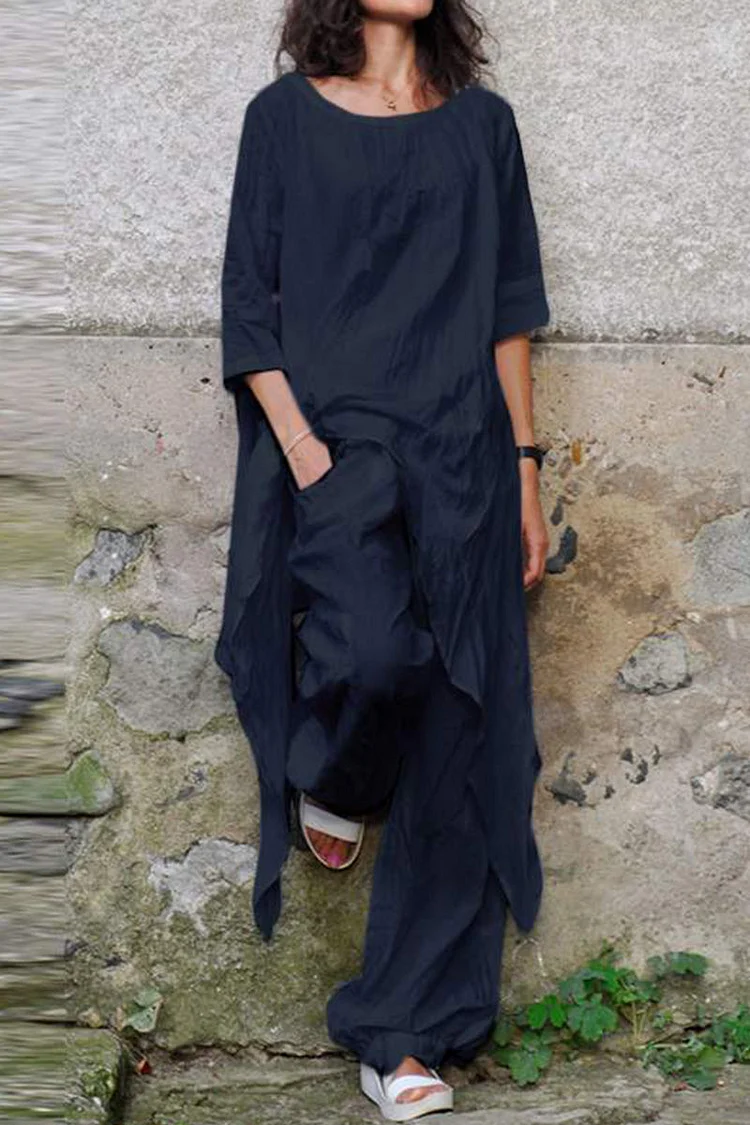 Casual Simplicity Solid Asymmetrical O Neck Three Quarter Two Pieces Linen Set for Women